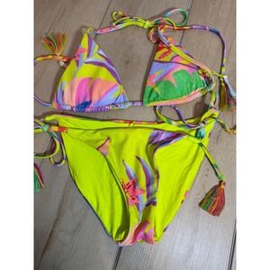 BECCA Bikini Set Womens Medium Neon Yellow Tropical Tassel Triangle
